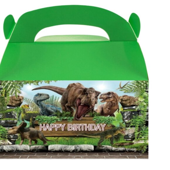 Dinosaur Theme Birthday Party Favor Boxes, Green Glossy Cardstock Treat Boxes - Picture 3 of 4